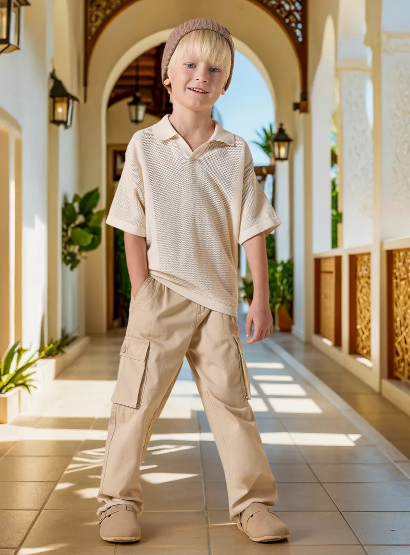 Juniors Textured T-shirt with Collar and Short Sleeves-2