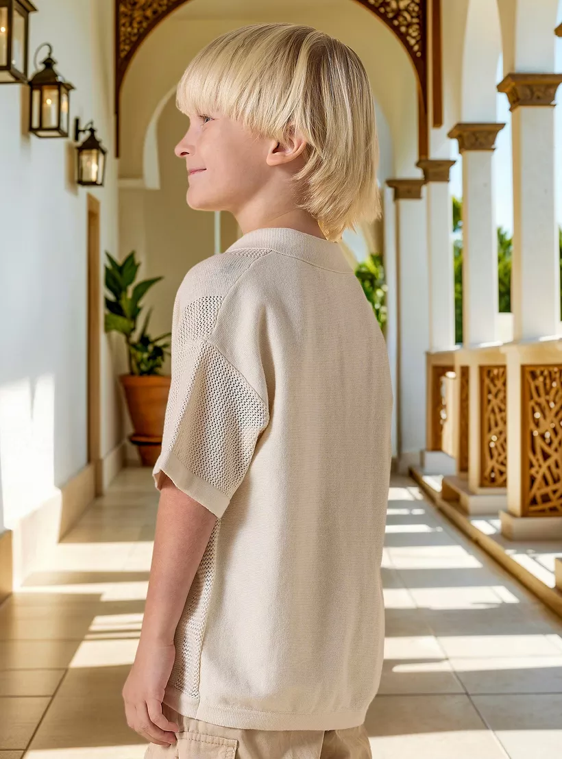 Juniors Textured T-shirt with Collar and Short Sleeves-3