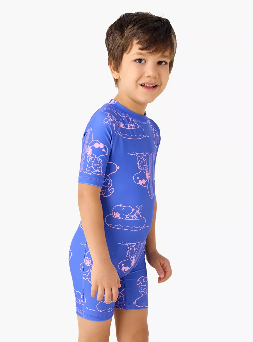 All-Over Snoopy Dog Print Swimsuit with Raglan Sleeves and Zip Closure-2
