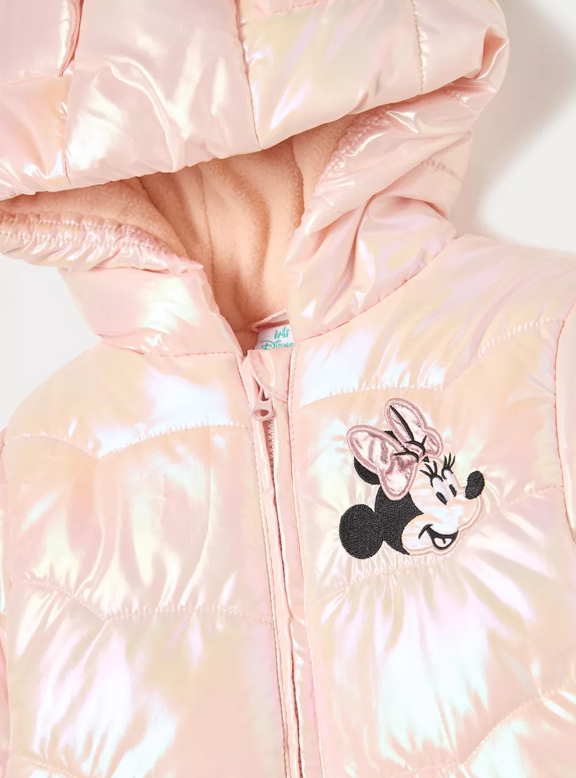 Disney Minnie Mouse Print Quilted Zip Through Hooded Jacket with Ear Applique-3