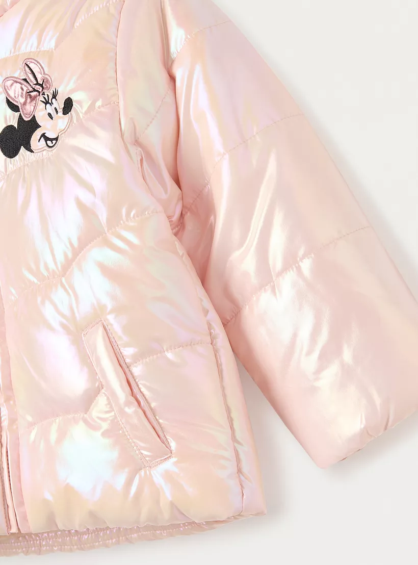 Disney Minnie Mouse Print Quilted Zip Through Hooded Jacket with Ear Applique-4