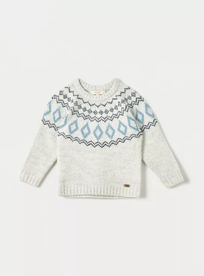 Eligo Geometric Print Sweater with Crew Neck and Long Sleeves-