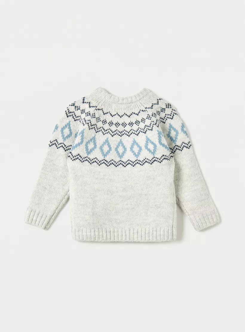 Eligo Geometric Print Sweater with Crew Neck and Long Sleeves-2