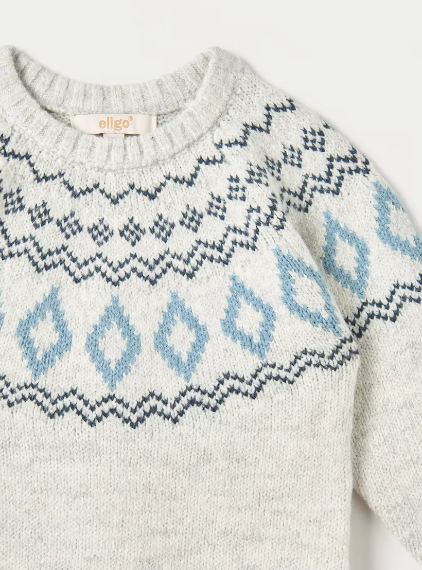 Eligo Geometric Print Sweater with Crew Neck and Long Sleeves-3