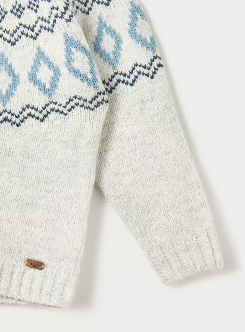 Eligo Geometric Print Sweater with Crew Neck and Long Sleeves-4
