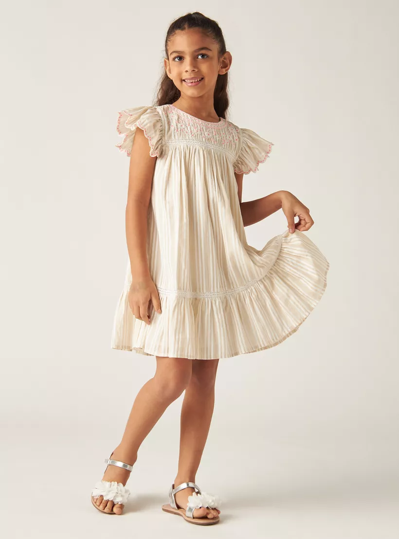 Eligo Striped Dress with Embroidered and Smocked Detail-2