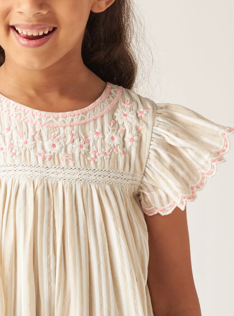 Eligo Striped Dress with Embroidered and Smocked Detail-4