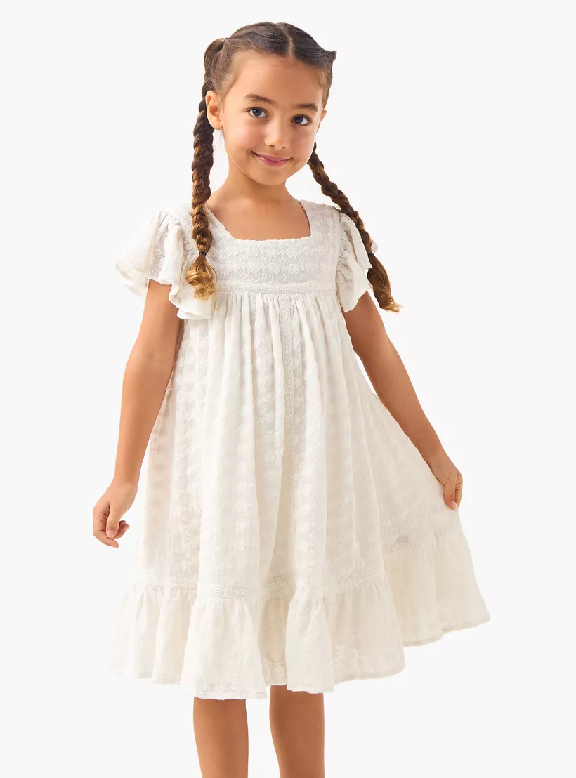 Eligo Textured A-line Dress with Square Neck and Flutter Sleeves-2