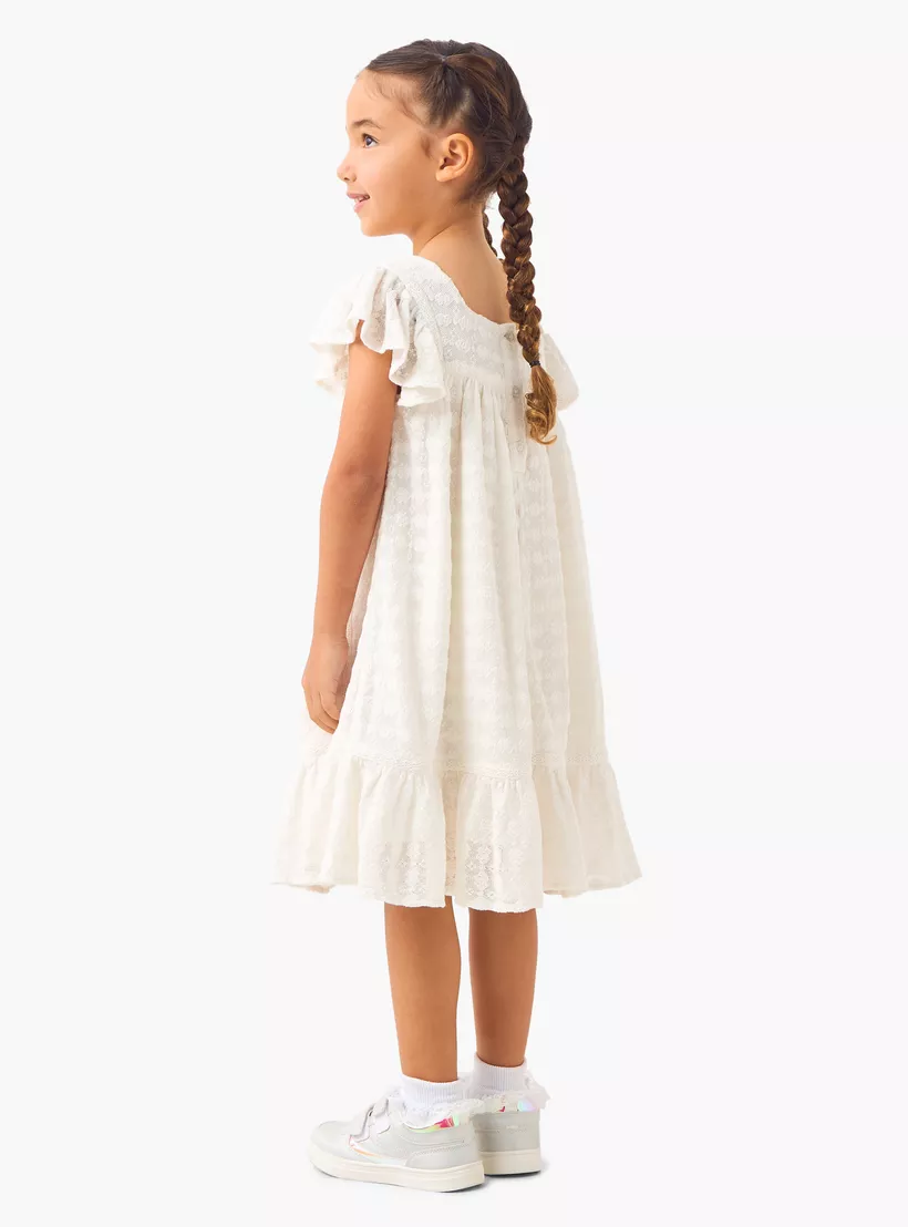 Eligo Textured A-line Dress with Square Neck and Flutter Sleeves-3