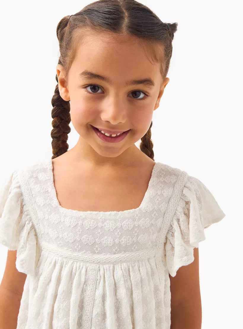 Eligo Textured A-line Dress with Square Neck and Flutter Sleeves-4