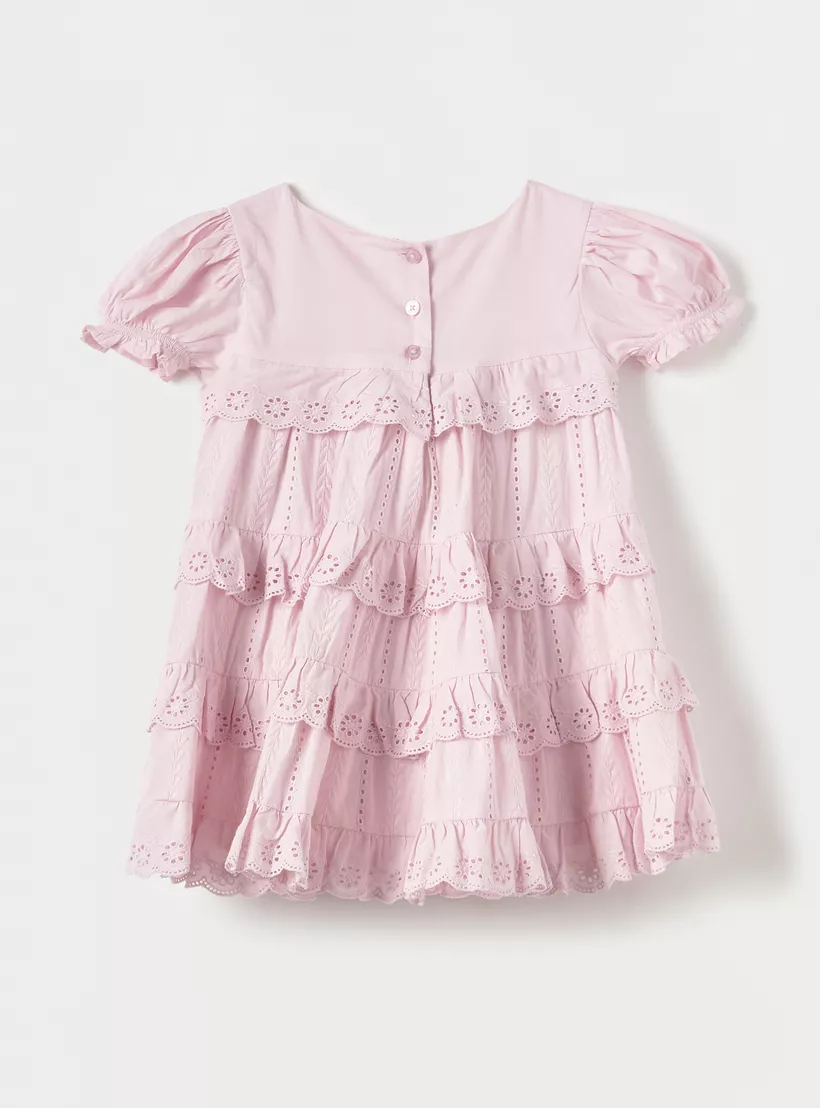 Giggles Schiffli Detail A-line Dress with Short Puff Sleeves and Button Closure-2