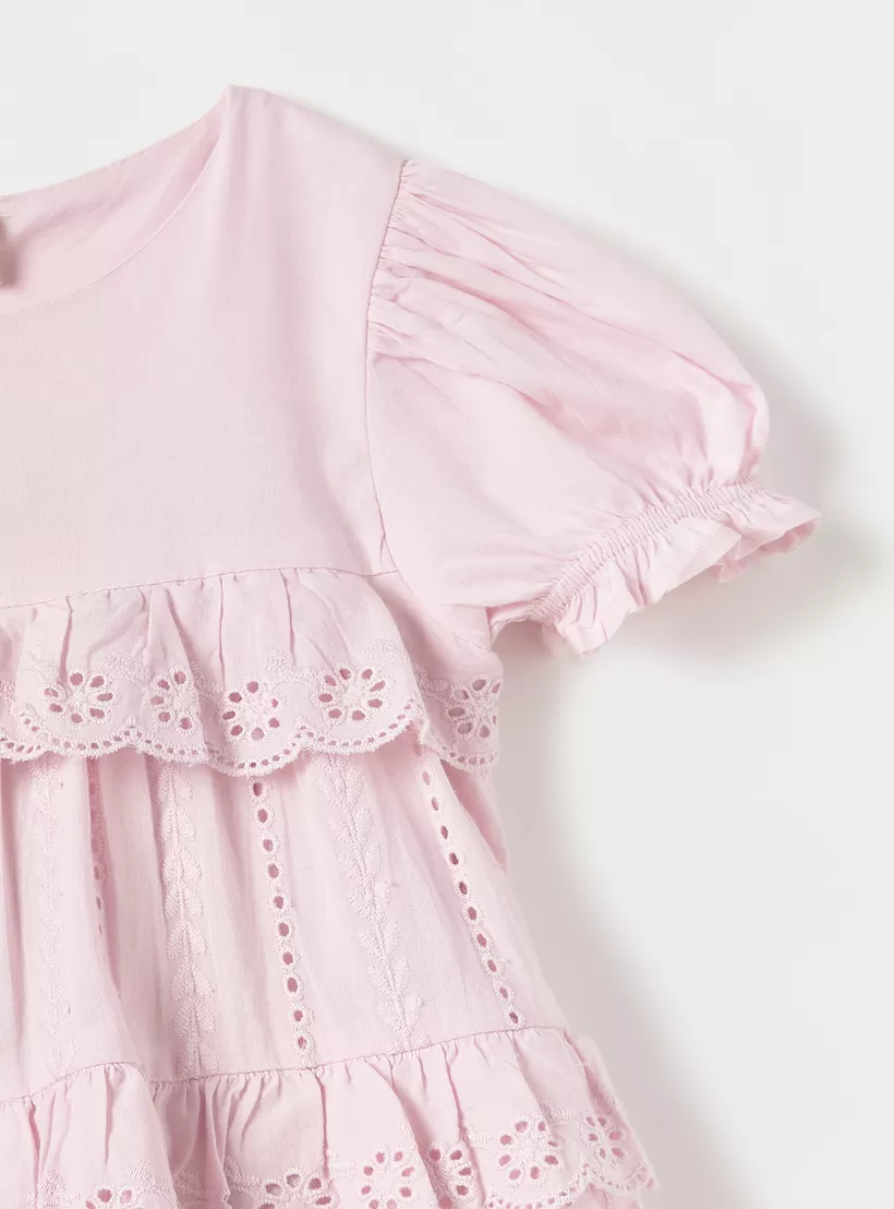 Giggles Schiffli Detail A-line Dress with Short Puff Sleeves and Button Closure-3