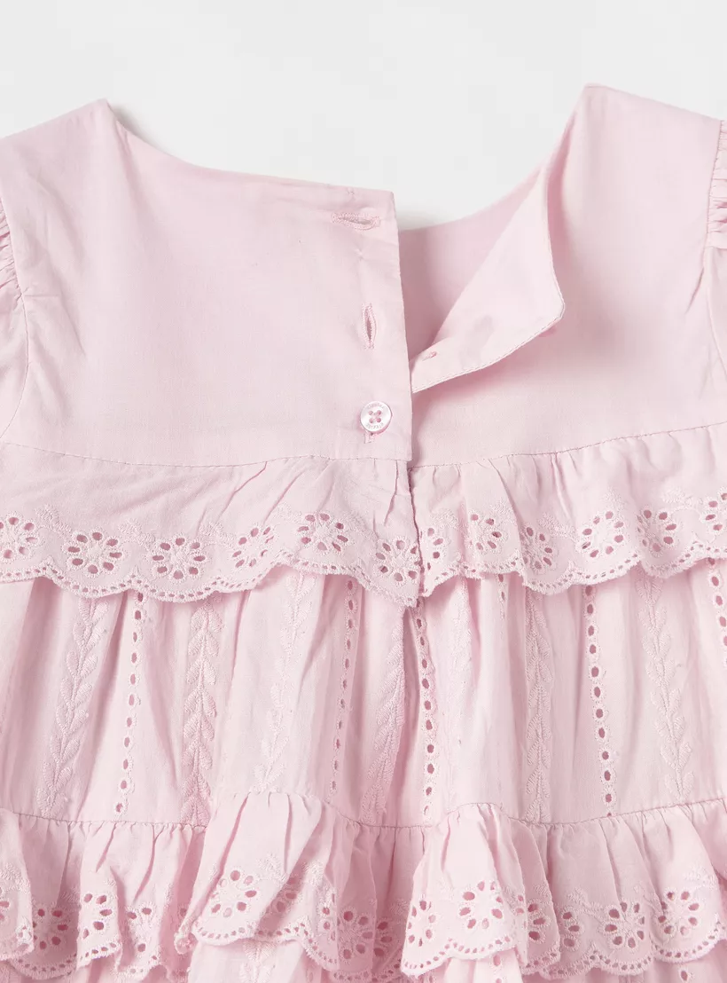Giggles Schiffli Detail A-line Dress with Short Puff Sleeves and Button Closure-4