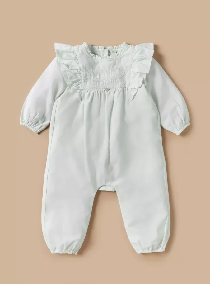 Giggles Textured Romper with Long Sleeves and Ruffle Detail-1