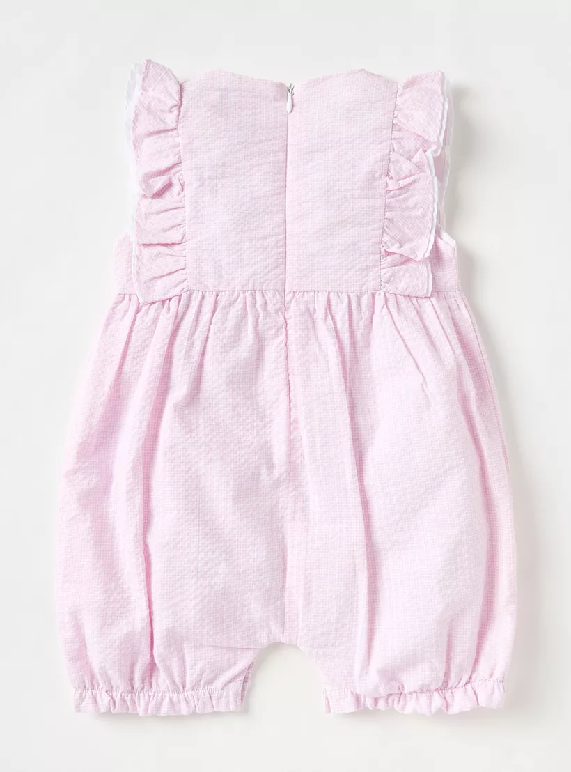 Giggles Textured Sleeveless Romper with Bow and Ruffle Detail-2