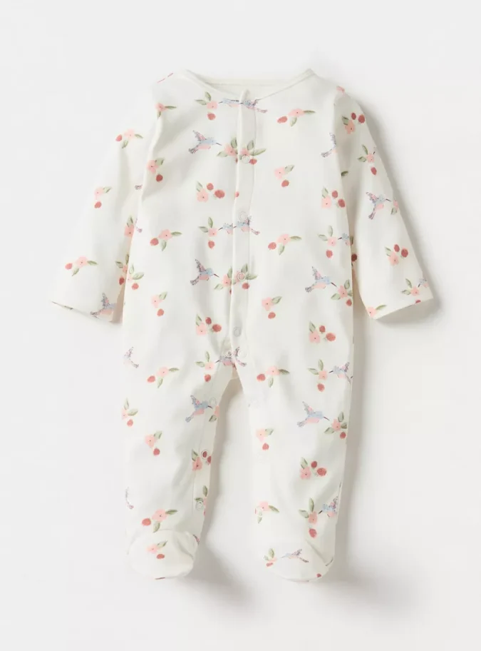Juniors All-Over Bird Print Footed Sleepsuit with Long Sleeves and Round Neck-1