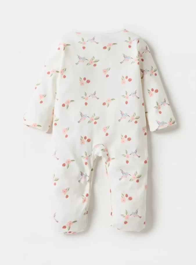 Juniors All-Over Bird Print Footed Sleepsuit with Long Sleeves and Round Neck-2