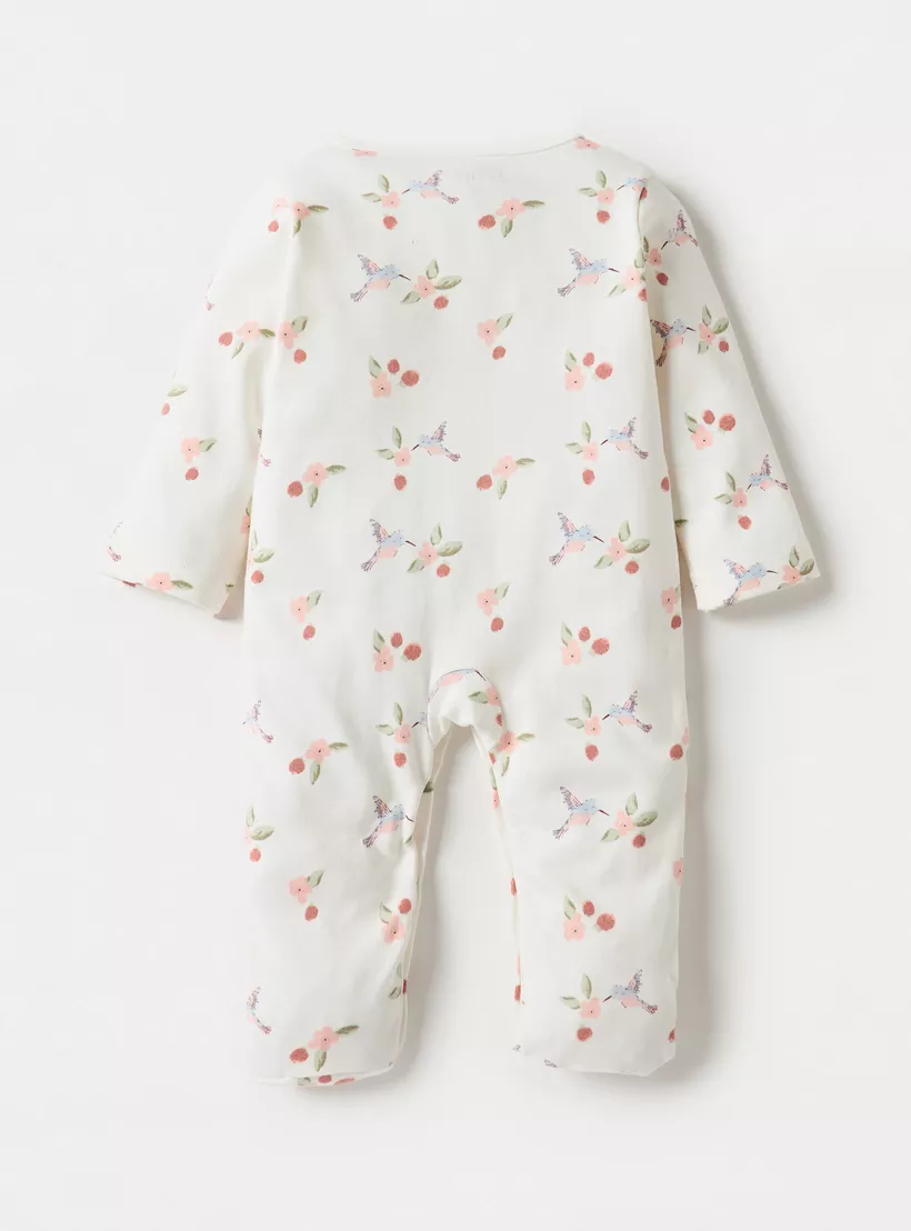 Juniors All-Over Bird Print Footed Sleepsuit with Long Sleeves and Round Neck-2
