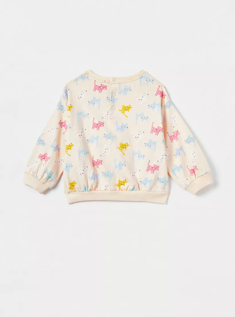 Juniors All-Over Cat Print Sweatshirt with Long Sleeves and Crew Neck-2