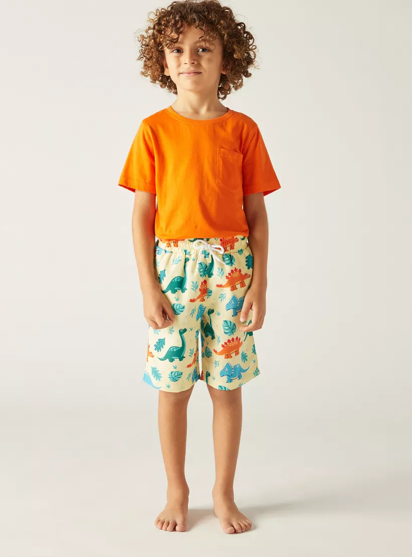 Juniors All-Over Dinosaur Print Swim Shorts with Drawstring Closure-2