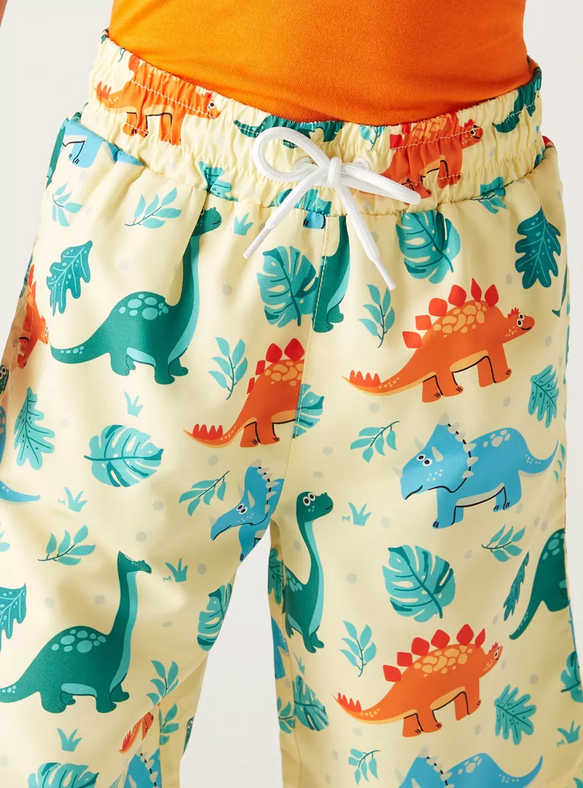 Juniors All-Over Dinosaur Print Swim Shorts with Drawstring Closure-4