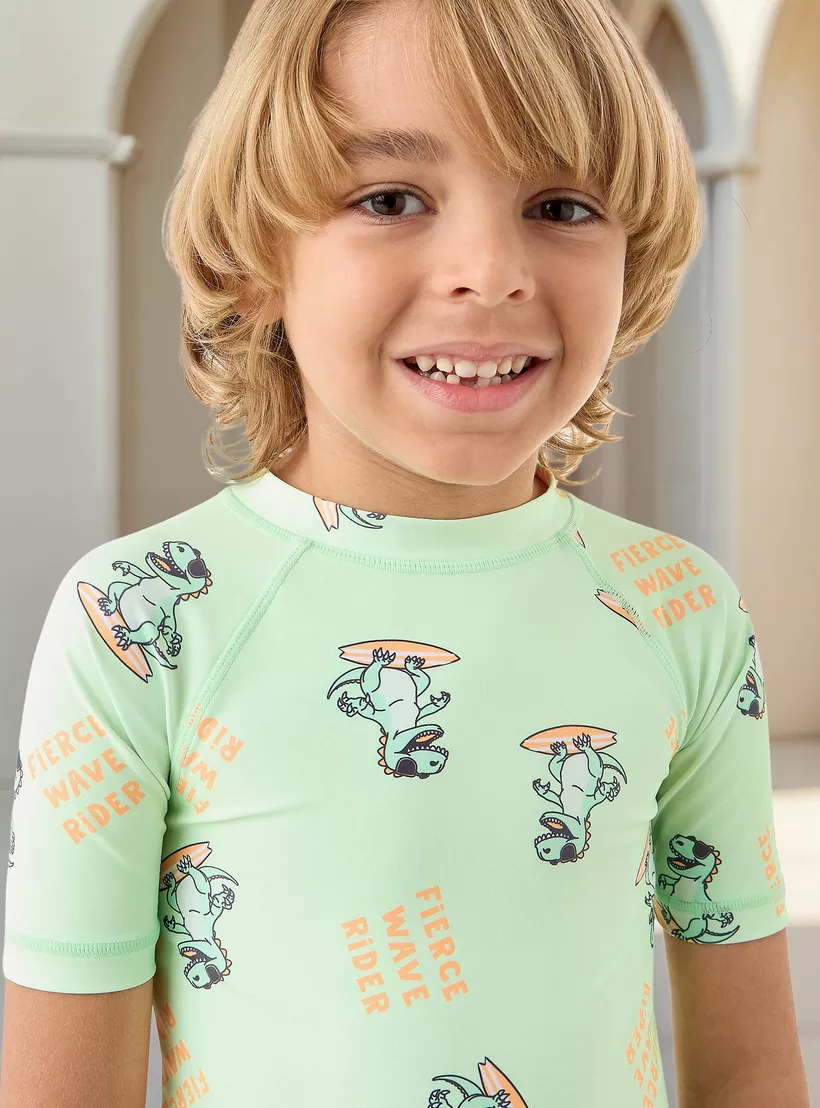 Juniors All-Over Dinosaur Print Swimsuit with Raglan Sleeves-2