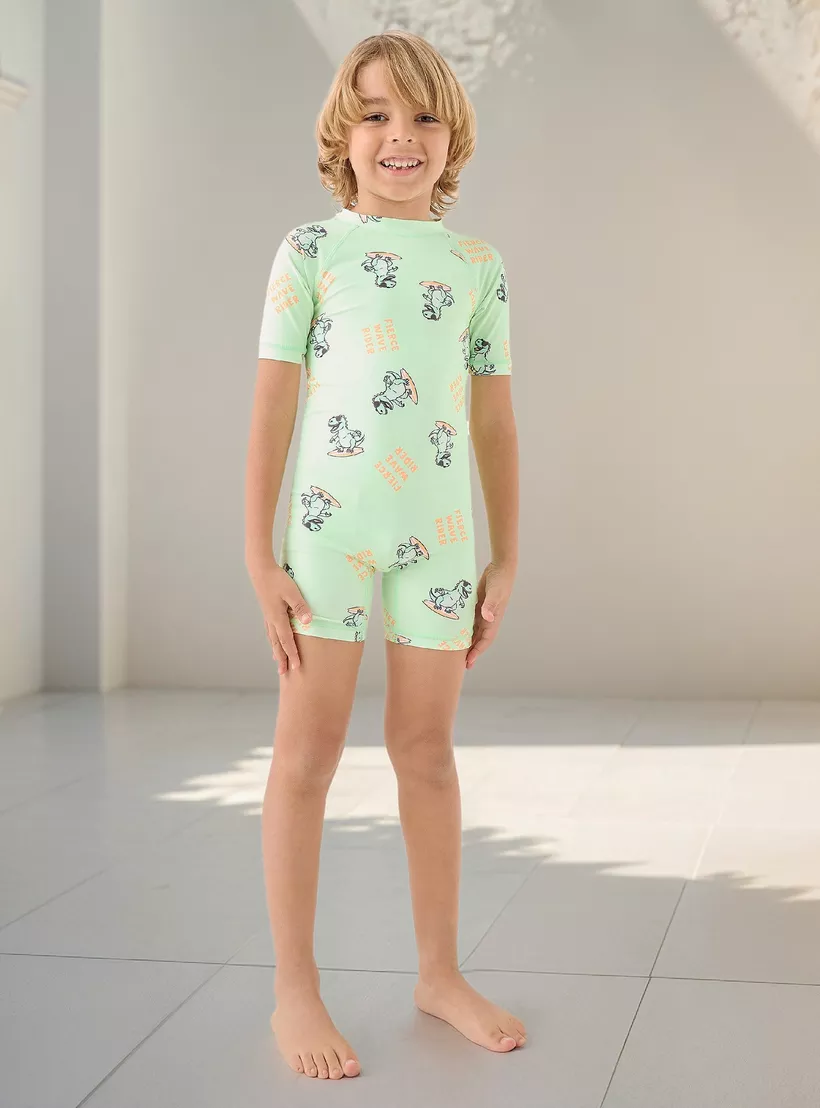 Juniors All-Over Dinosaur Print Swimsuit with Raglan Sleeves-3