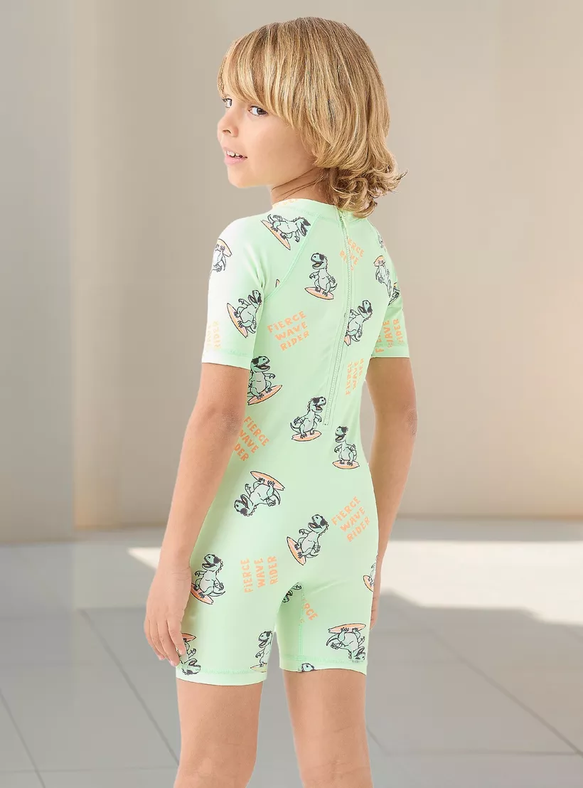 Juniors All-Over Dinosaur Print Swimsuit with Raglan Sleeves-4