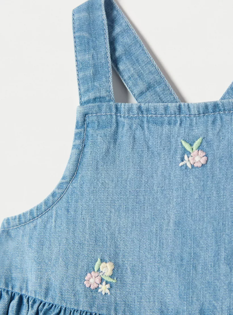 Juniors All-Over Floral Embroidered Sleeveless Denim Dress-2