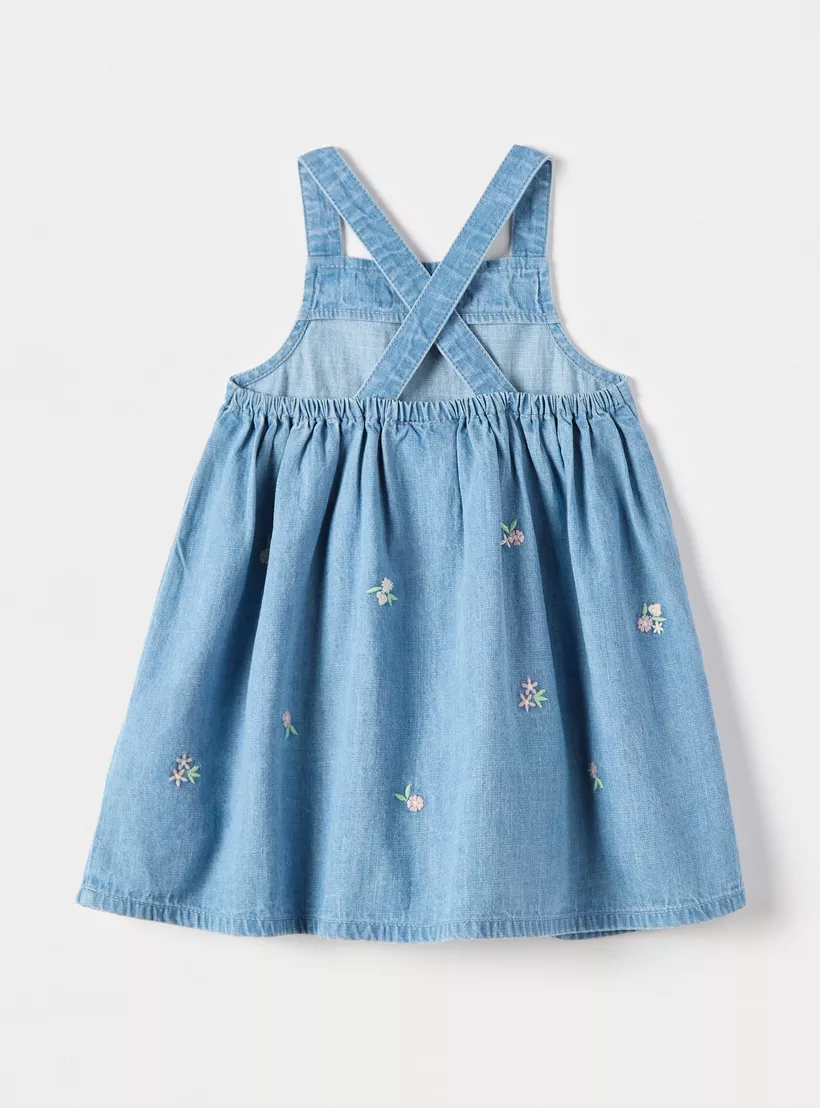 Juniors All-Over Floral Embroidered Sleeveless Denim Dress-4