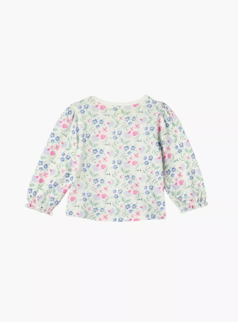 Juniors All-Over Floral Print Long Sleeves T-shirt with Round Neck-2