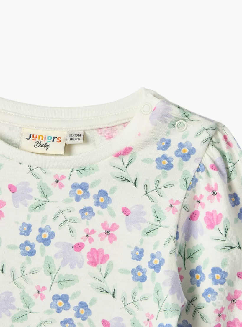 Juniors All-Over Floral Print Long Sleeves T-shirt with Round Neck-3