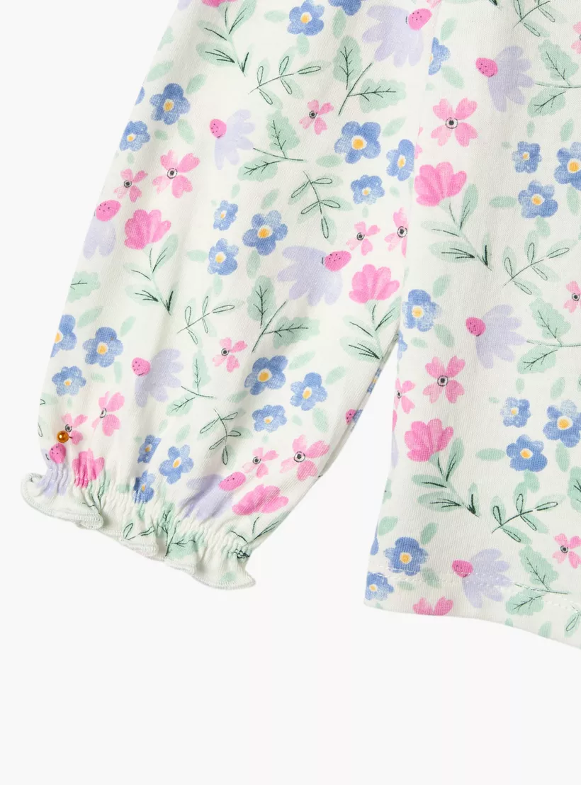 Juniors All-Over Floral Print Long Sleeves T-shirt with Round Neck-4