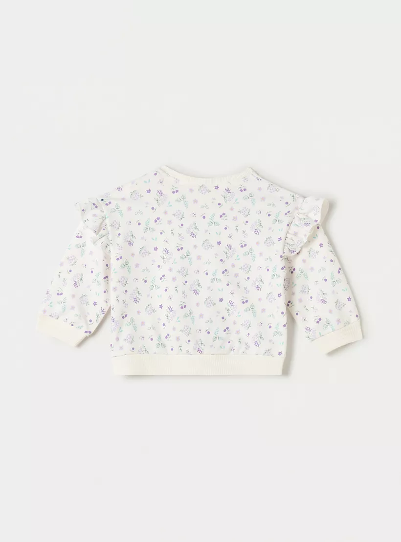 Juniors All-Over Floral Print Sweatshirt with Ruffle Detail and Crew Neck-2