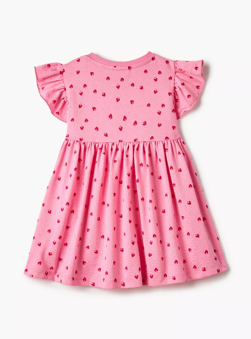 Juniors All-Over Heart Print A-line Dress with Round Neck and Flutter Sleeves-2