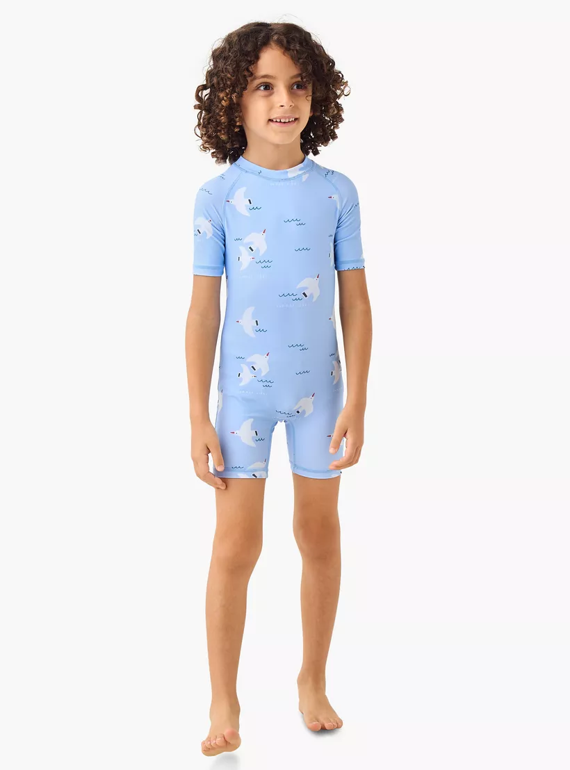 Juniors All-Over Seagull Print Swimsuit with Raglan Sleeves and Zip Closure-2