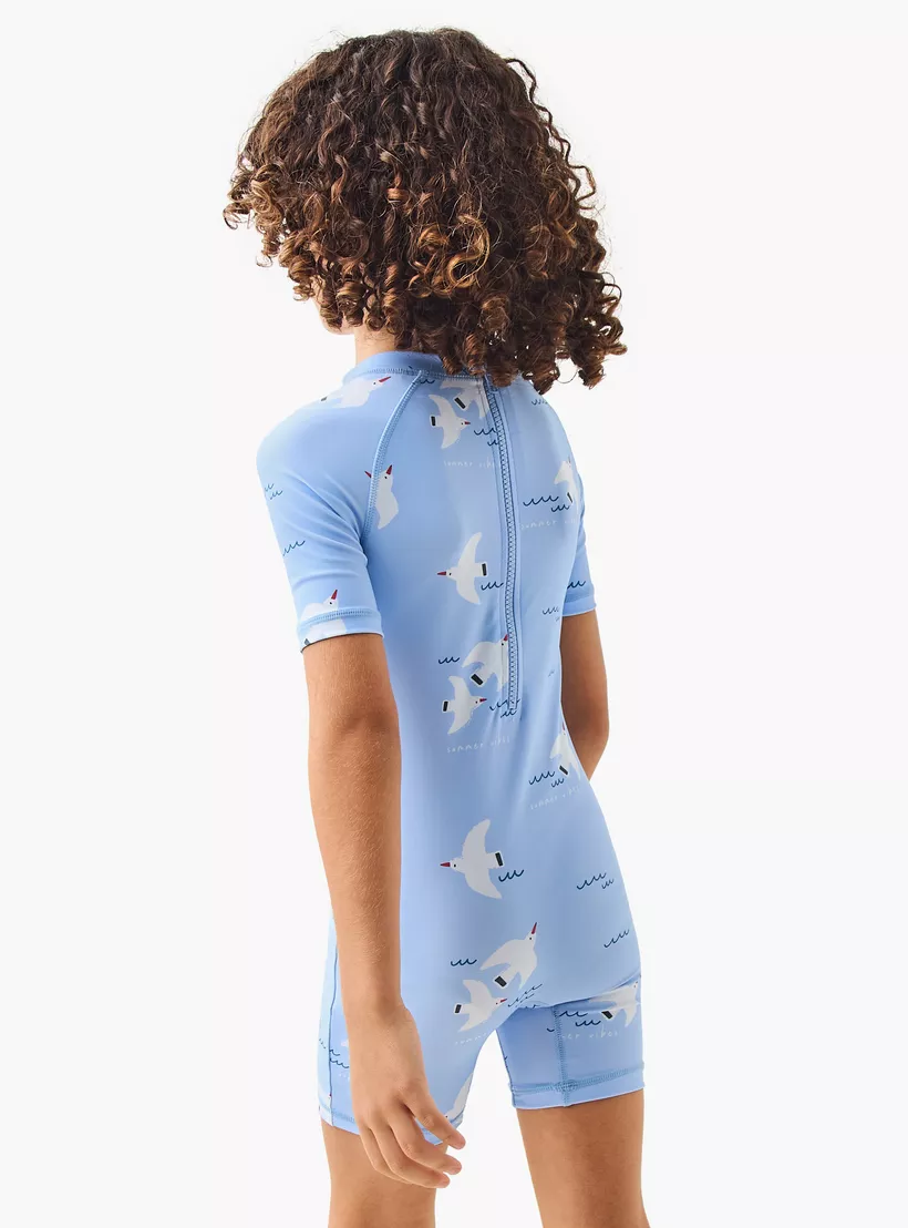 Juniors All-Over Seagull Print Swimsuit with Raglan Sleeves and Zip Closure-3