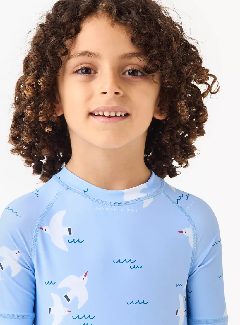 Juniors All-Over Seagull Print Swimsuit with Raglan Sleeves and Zip Closure-4