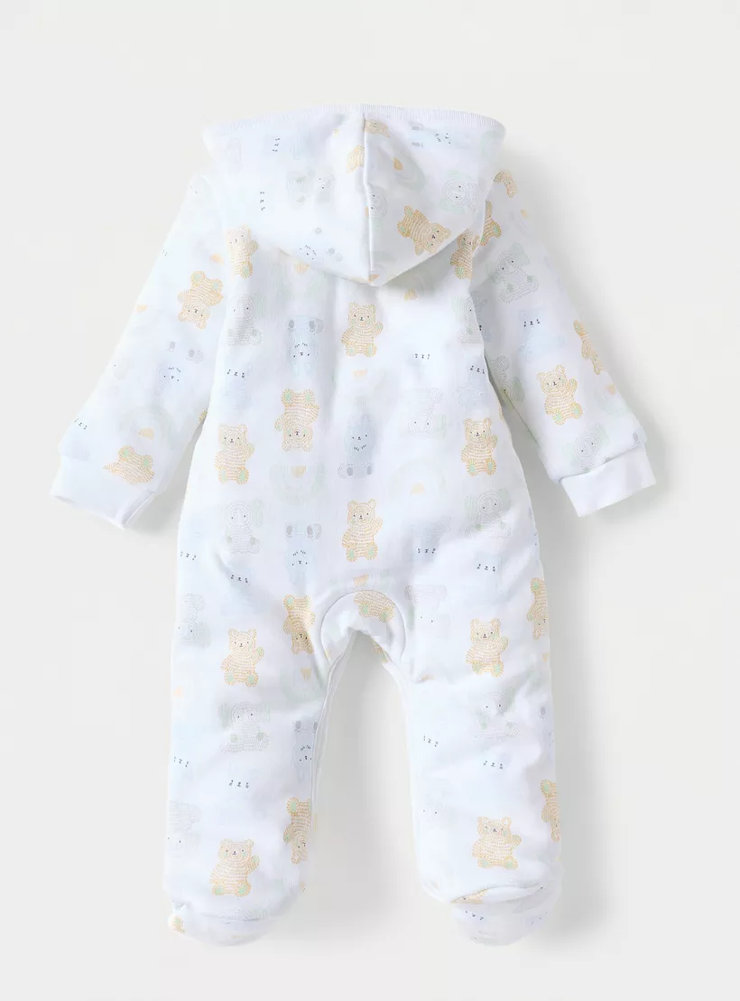 Juniors All-Over Teddy Bear Print Closed Feet Sleepsuit with Hood-2