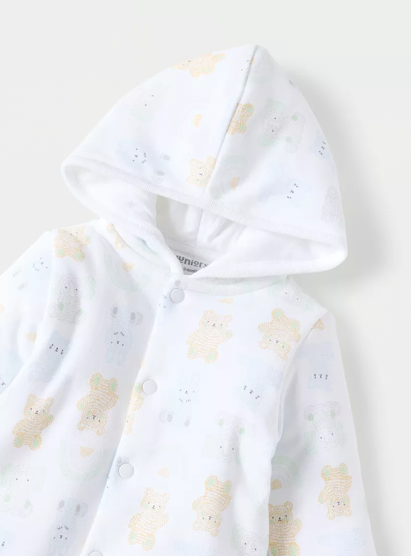 Juniors All-Over Teddy Bear Print Closed Feet Sleepsuit with Hood-3