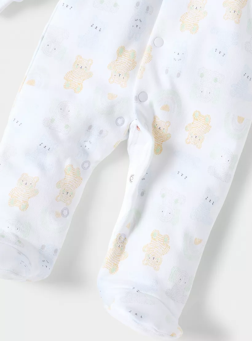 Juniors All-Over Teddy Bear Print Closed Feet Sleepsuit with Hood-4