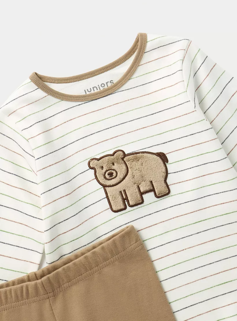 Juniors Bear Applique Long Sleeves T-shirt and Elasticated Pyjama Set-4