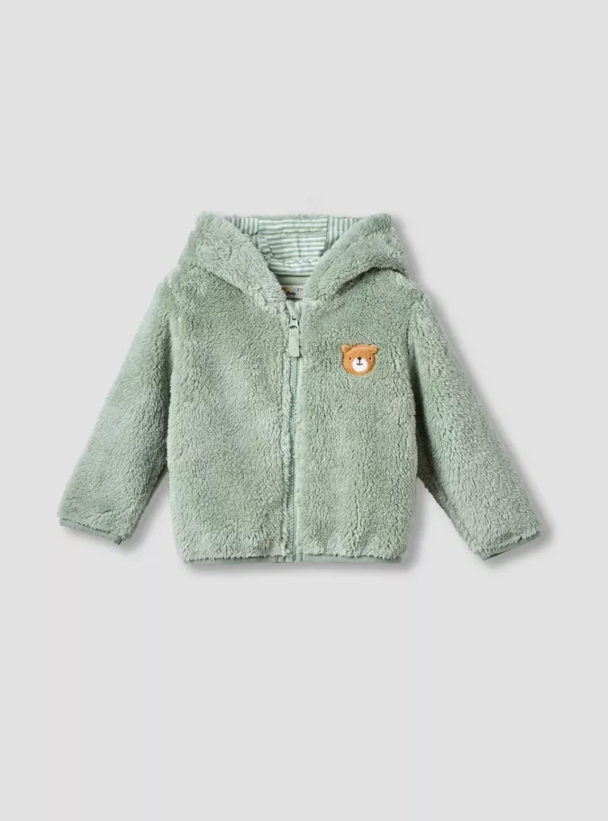 Juniors Bear Applique Zip Through Hoodie with Long Sleeves-1