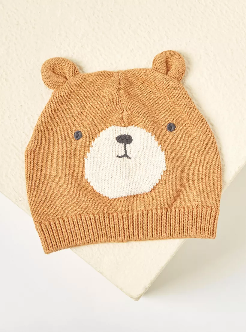 Juniors Bear Face Beanie Cap with Ear Accents-3