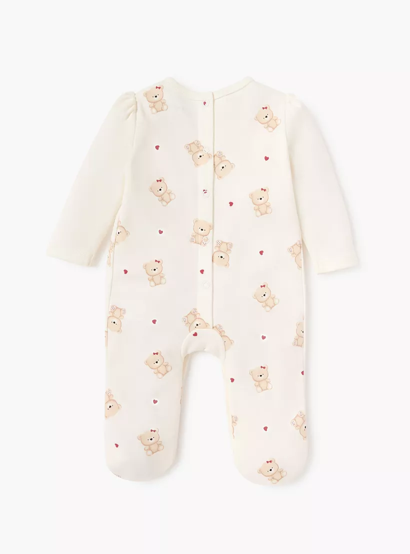 Juniors Bear Print Closed Foot Sleepsuit with Long Sleeves and Bow Detail-2