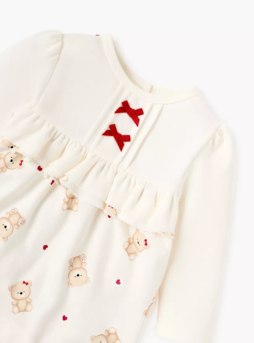 Juniors Bear Print Closed Foot Sleepsuit with Long Sleeves and Bow Detail-3