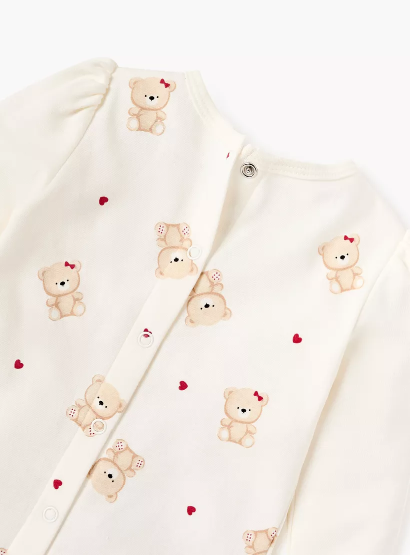 Juniors Bear Print Closed Foot Sleepsuit with Long Sleeves and Bow Detail-4