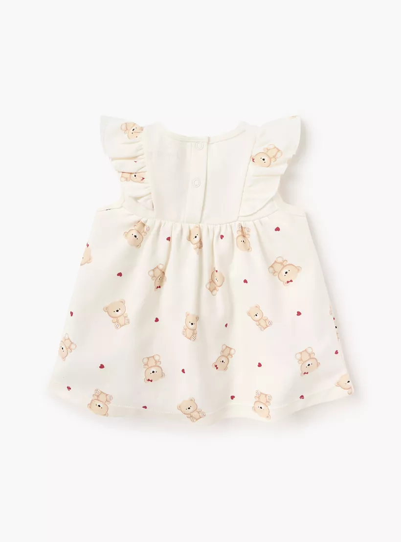 Juniors Bear Print Sleeveless Dress with Ruffle Detail and Round Neck-2