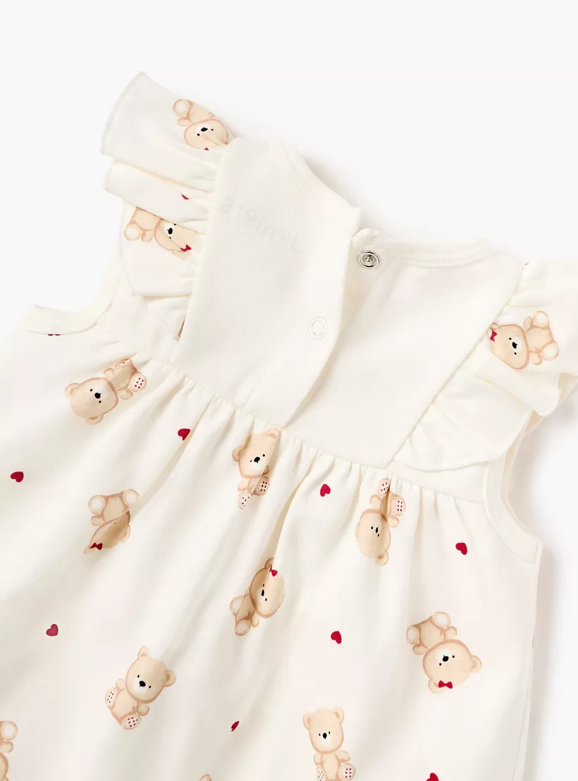 Juniors Bear Print Sleeveless Dress with Ruffle Detail and Round Neck-3