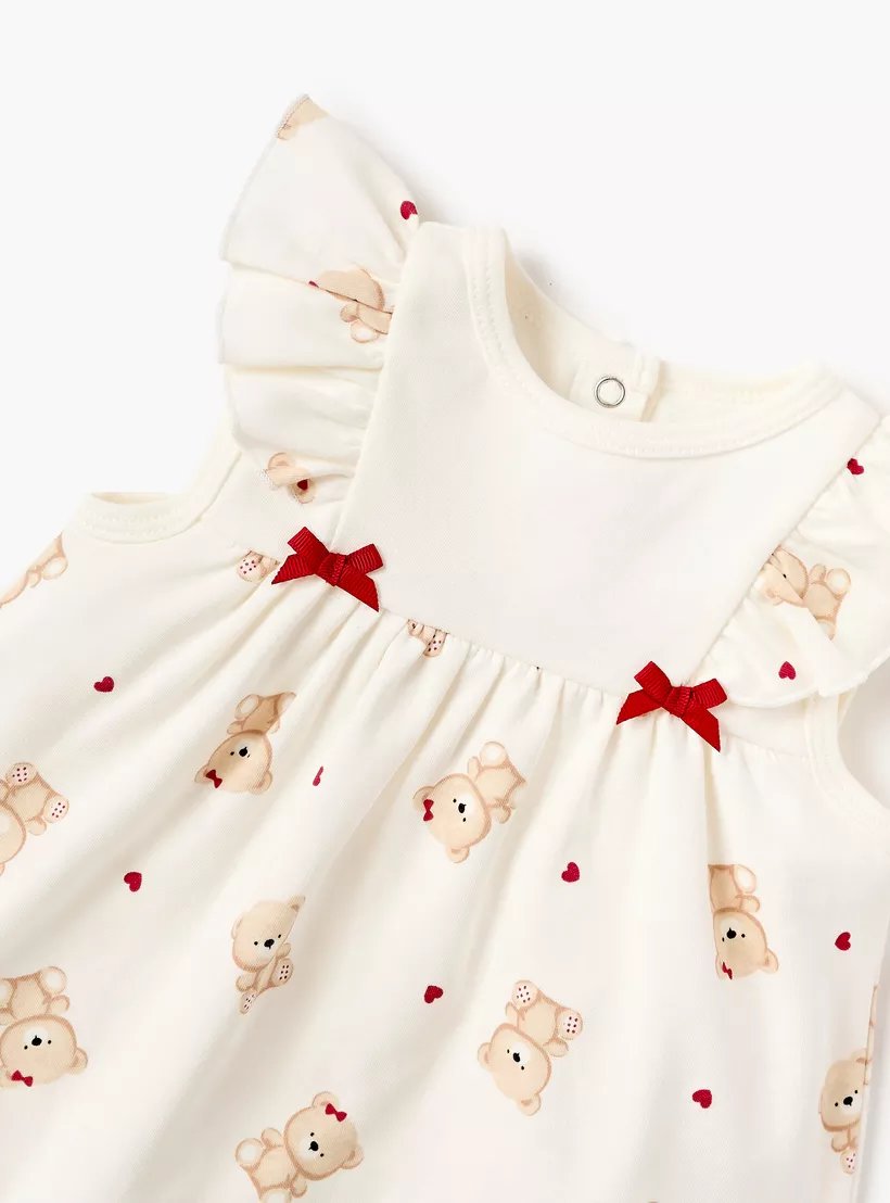 Juniors Bear Print Sleeveless Dress with Ruffle Detail and Round Neck-4